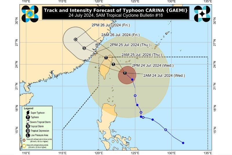 Track and intensity forecast for Typhoon Carina as of July 24, 2024, 5 a.m.