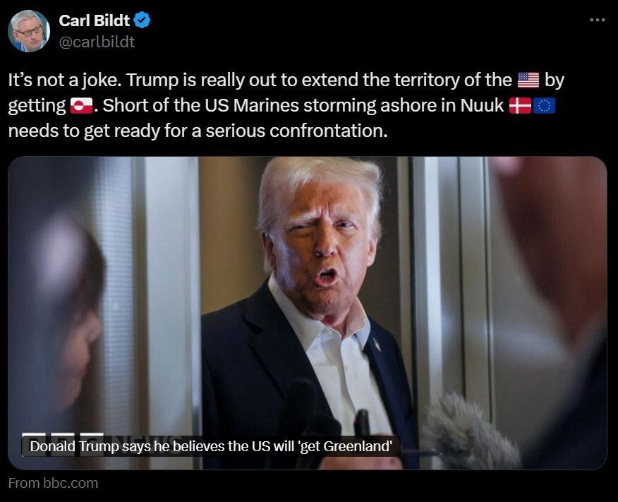 UNPRECEDENTED WARNING FROM FORMER SWEDISH PRIME MINISTER CARL BILDT: “EU needs to get ready for a serious confrontation” with USA after Hitler-praising felon Donald Trump’s terror threats against the civilized world [Danish article, use a browser extension for instant translation] 🚨