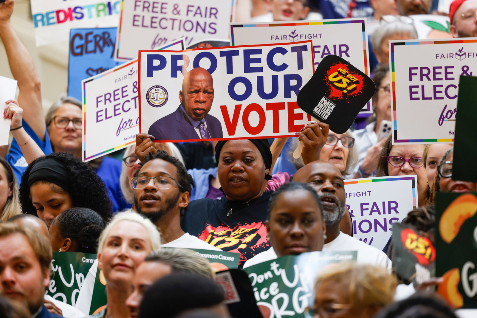 Crowds attend rally against gerrymandering at the capitol on Wednesday, June 17, 2026.