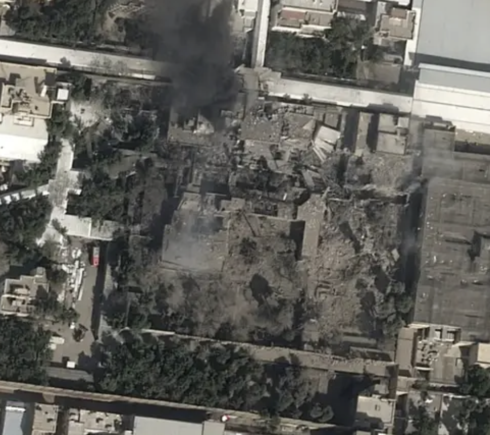 The aftermath of the strike on Khamenei's compound.
