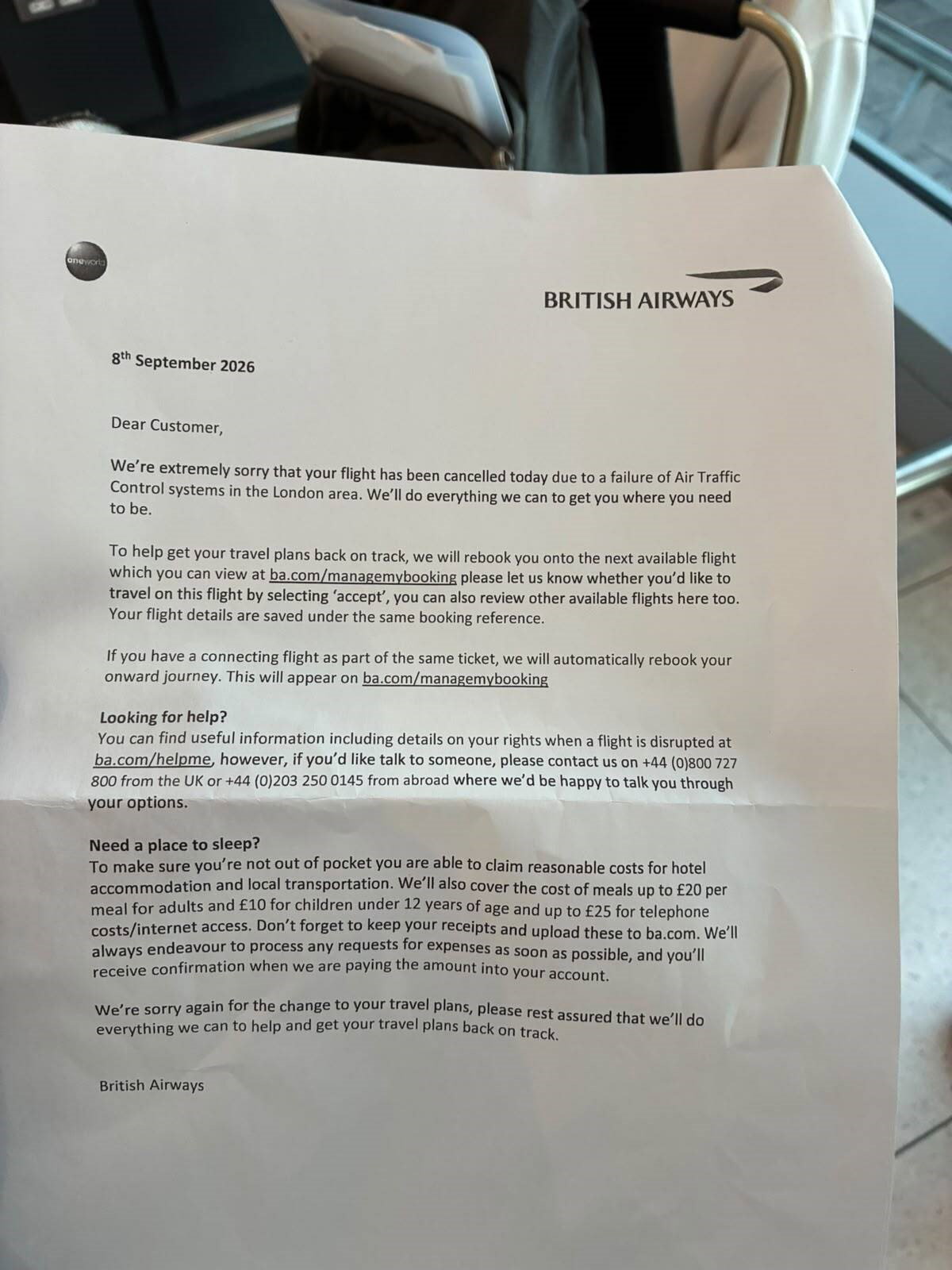 BA has issued a letter to affected passengers