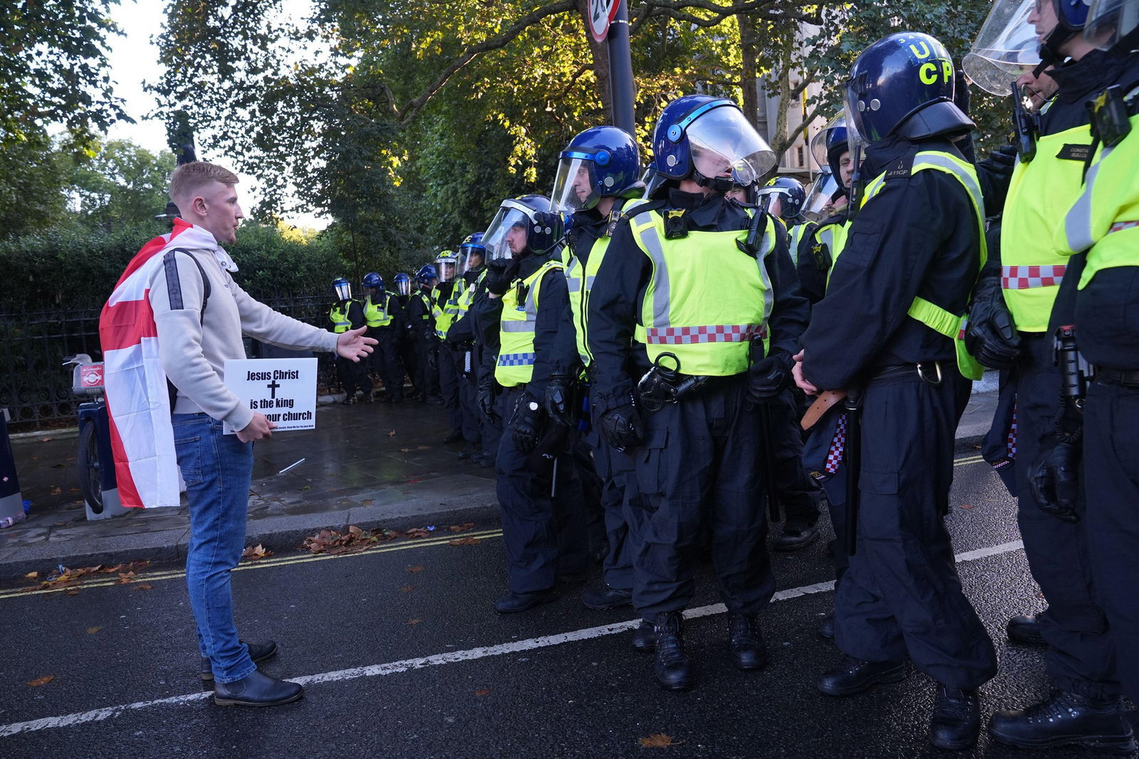 Protestor  taking part in a Tommy Robinson-led Unite the Kingdom march and rally in central London.