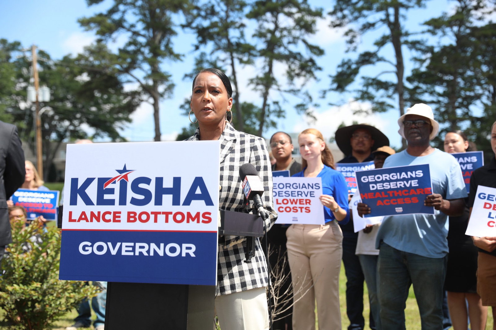 Former Atlanta Mayor Keisha Lance Bottoms speaks in front of the shuttered Northridge Medical Center in Commerce on Wednesday.