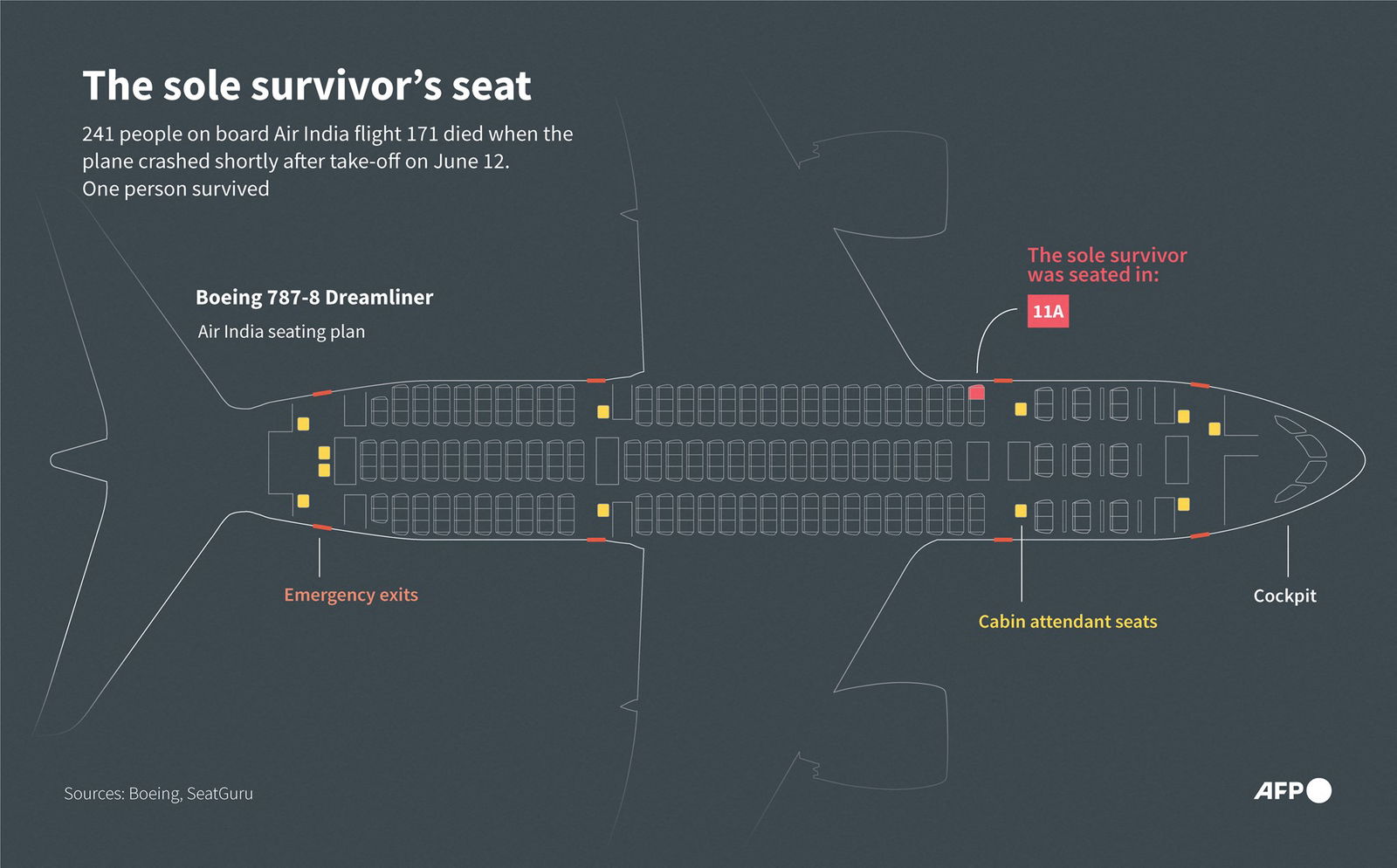 The seat plan for the Air India Boeing 787 Dreamliner locating where the sole survivor was seated on the June 12 flight AI171.