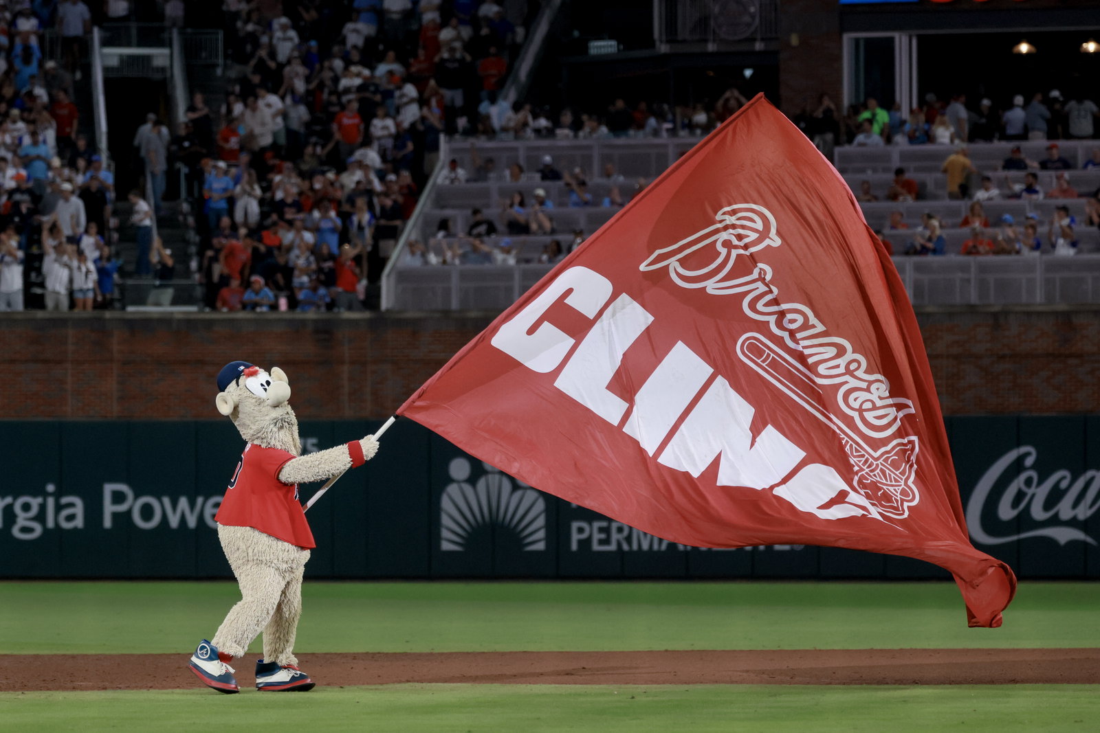Atlanta Braves mascot Blooper celebrates after the Braves defeated the Philadelphia Phillies.
