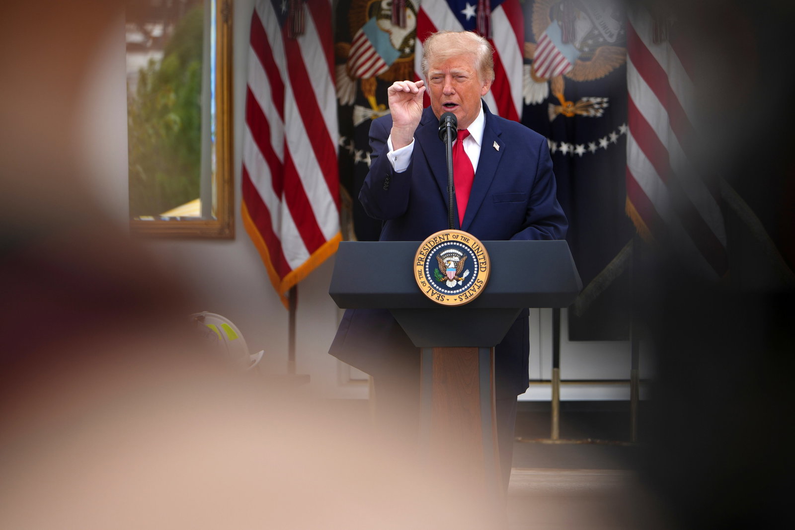 President Donald Trump speaks in the Rose Garden of the White House during an event for first responders on Thursday.