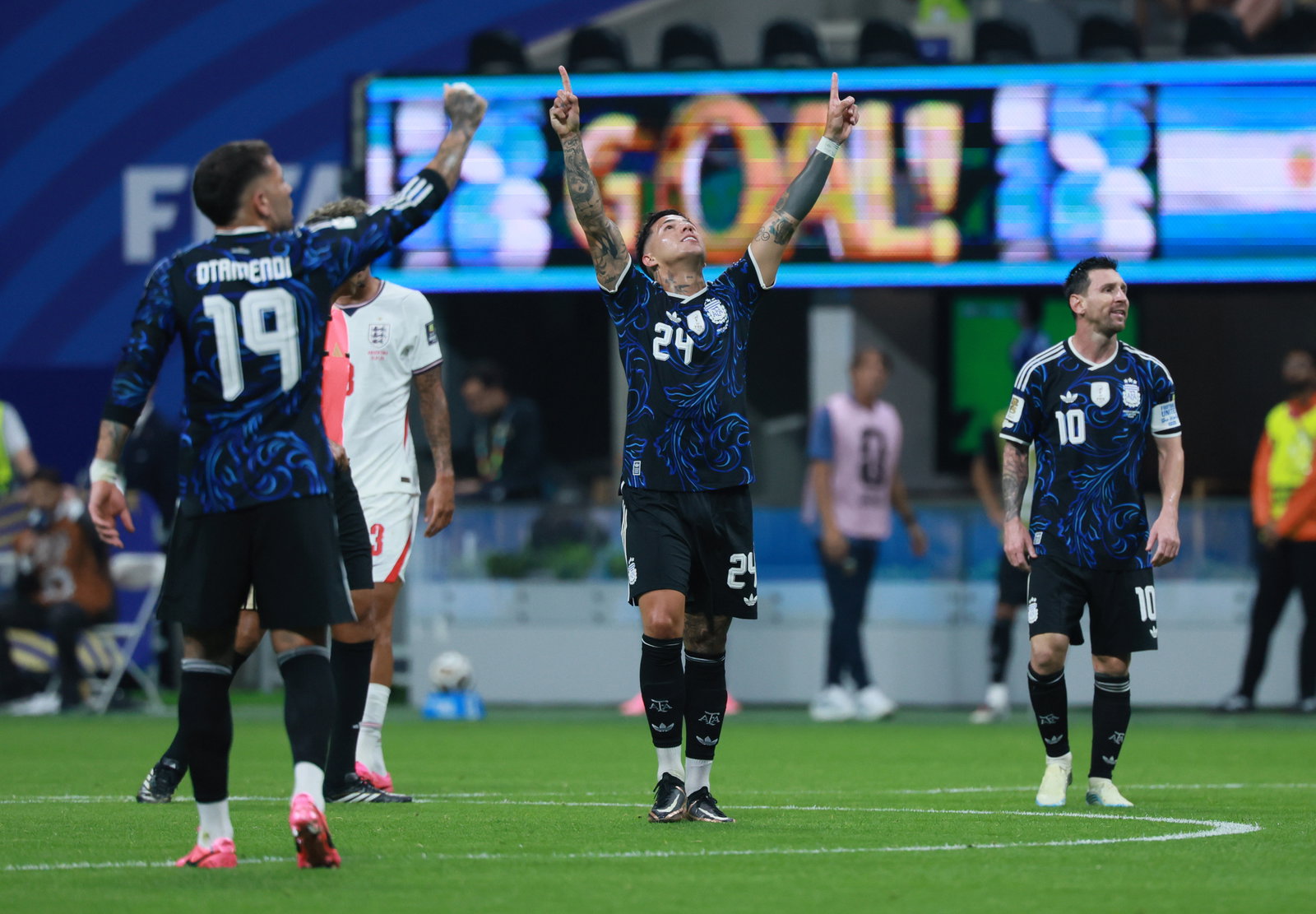 Argentina's Enzo Fernandez celebrates his goal to tie the game during the second half against England in the FIFA World Cup semifinal match at Atlanta Stadium on Wednesday, July 15, 2026.