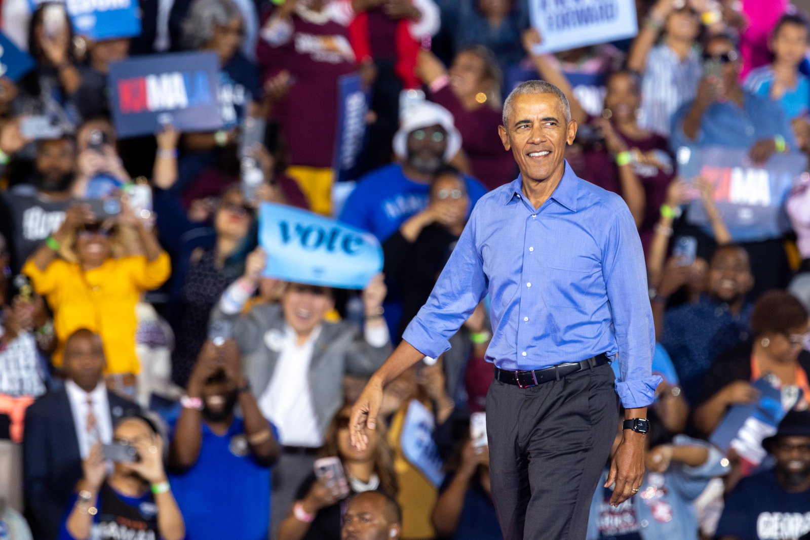 Former President Barack Obama at James R. Hallford Stadium in Clarkston in 2024.