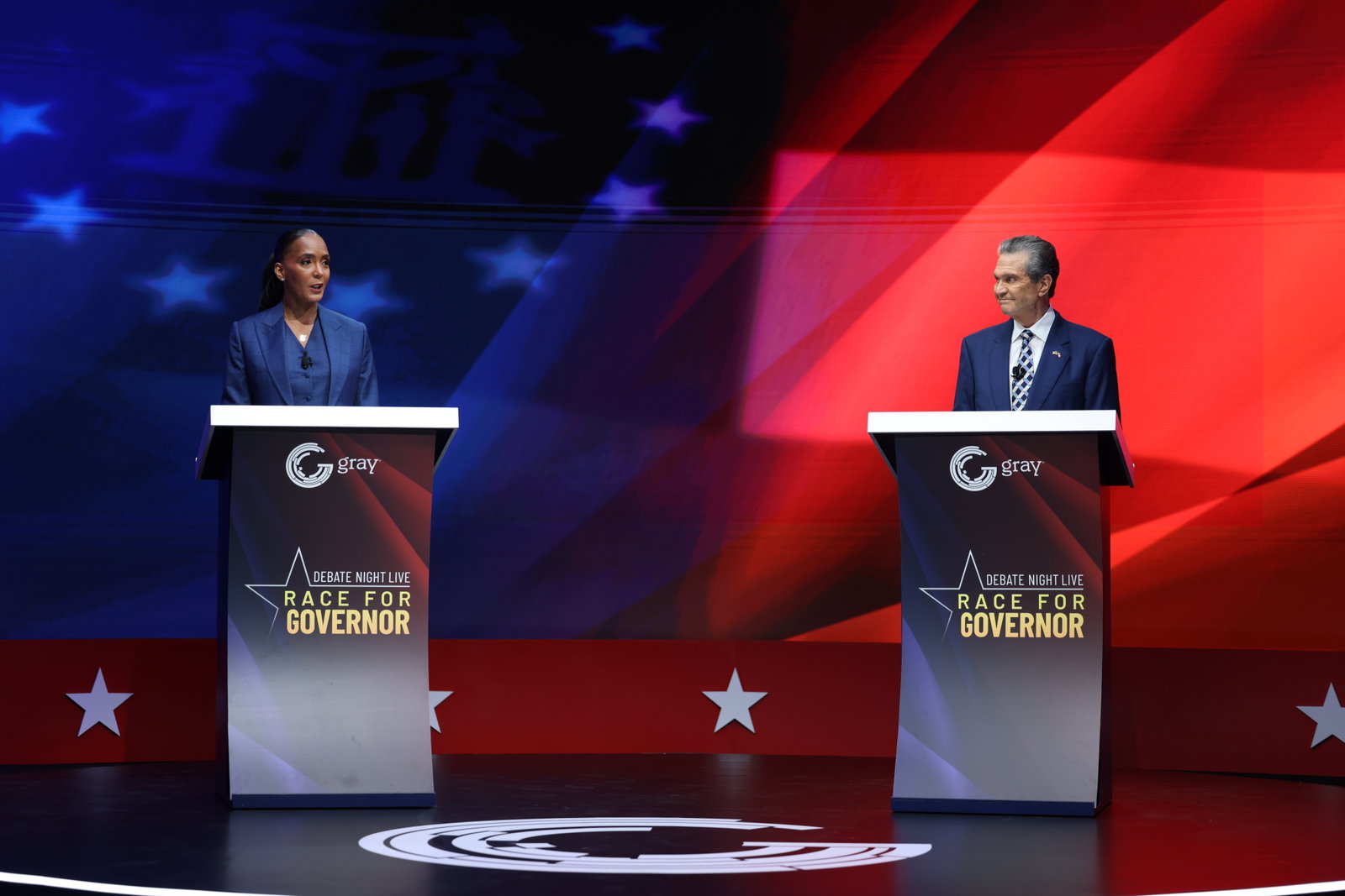 Democrat Keisha Lance Bottoms (left) and Republican Rick Jackson spent an hour fielding questions from Georgia voters on issues ranging from affordability to healthcare to data centers during a town hall style-debate at Assembly Studios on Tuesday, Oct. 6, 2026.